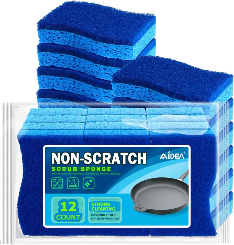 AIDEA Sponges Kitchen, Non Scratch Scrub Sponge, 12Count, Sponges for Non Stick Cookware, Cleaning Sponge for Dishes, Cleans Fast Without Scratching, Cleaning Power for Kitchen, Bathroom, Household - Image 1